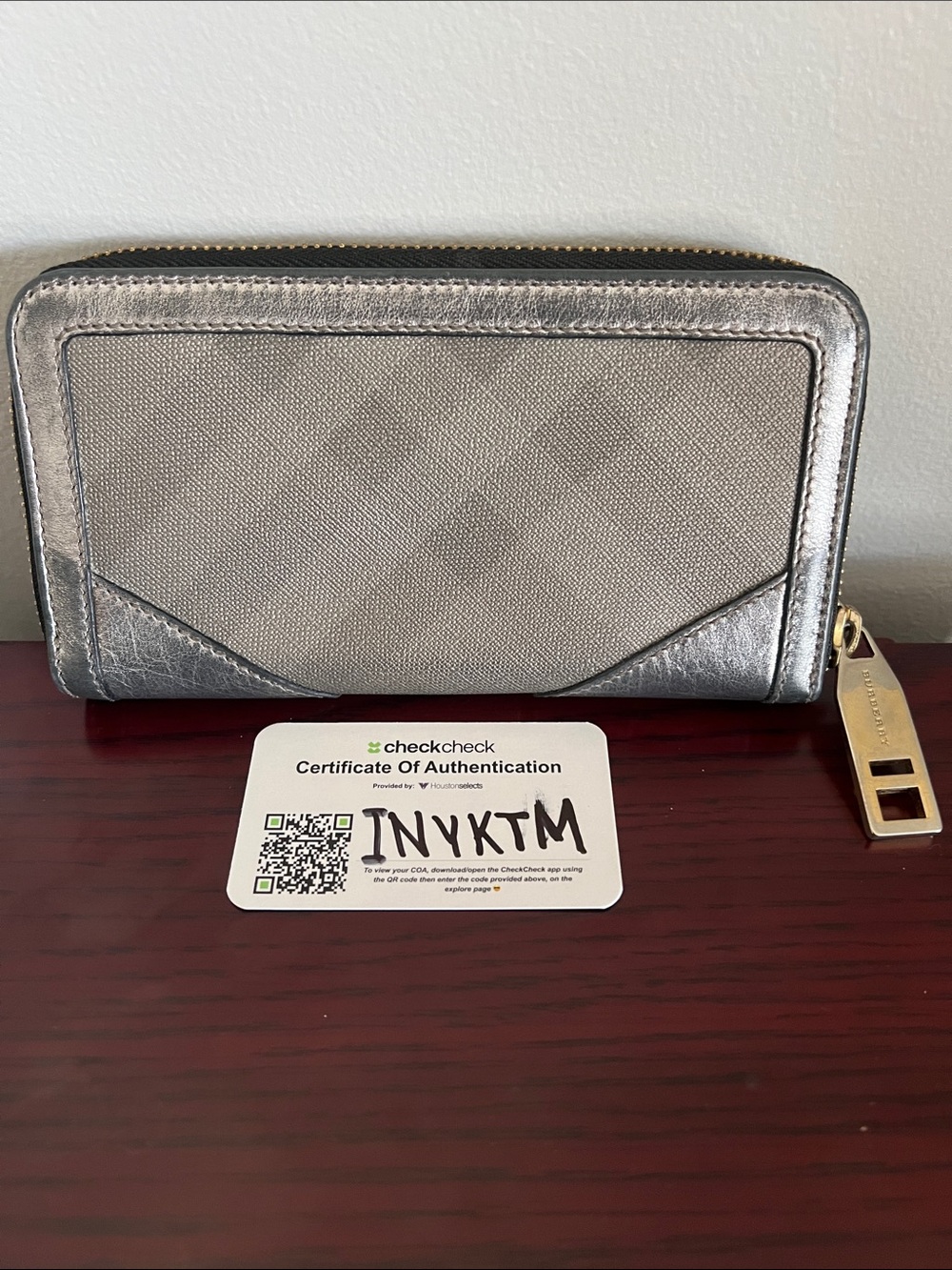 Burberry Gray Plaid & Metallic Silver Zip-Around Wallet with COA